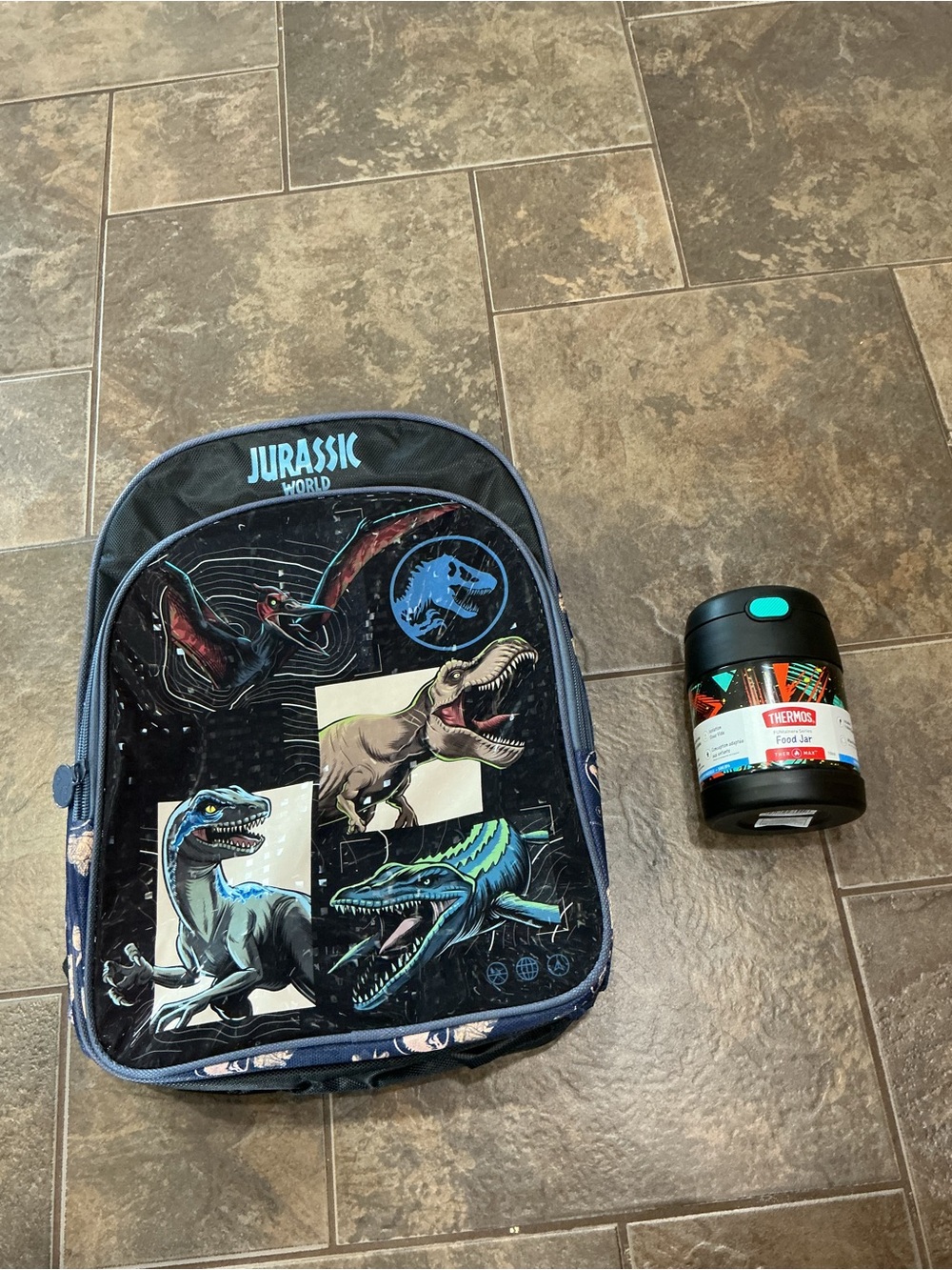 Jurassic World Kids Black/ Navy Blue Dinosaur Backpack, and Thermos food jar